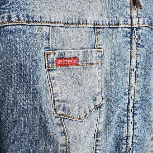 Guess L Jean Jacket Vintage Stretch Denim Light Blue Acid Wash Zip Up - Picture 6 of 16